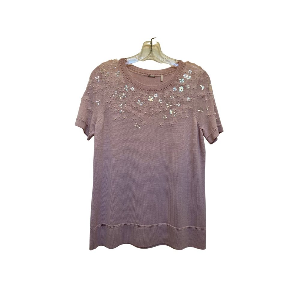 Elie Tahari Pink Floral Pailettes and Pearls Sweater, short sleeve Sz Small